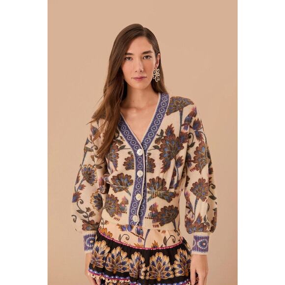 Farm Rio Ainika Floral Knit Wool Blend Cardigan sweater Balloon Sleeve XS - Picture 2 of 12